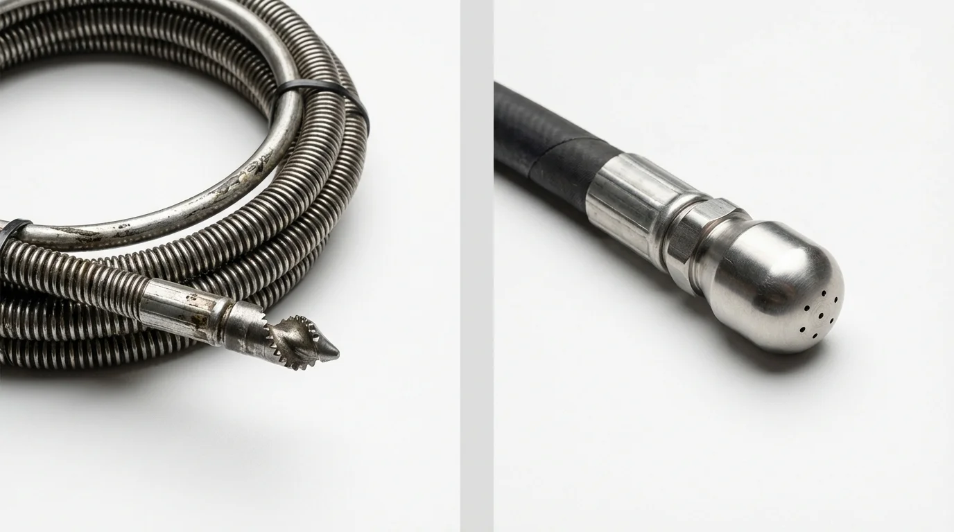 Drain snake cable and hydro jetting nozzle used for drain cleaning in Oakley, UT